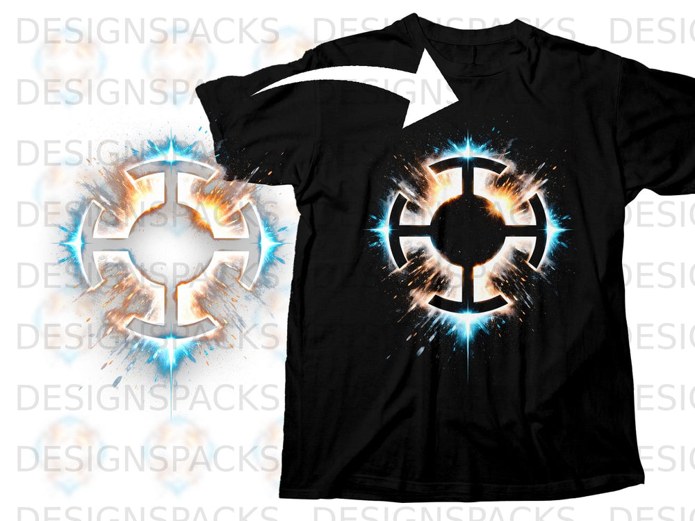 Black t-shirt with a stylized glowing sunburst design on the chest.