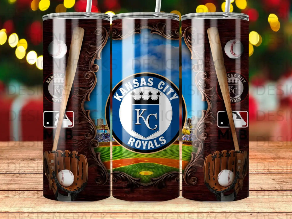 Kansas City Royals baseball tumbler with mitts and bats, stadium background.