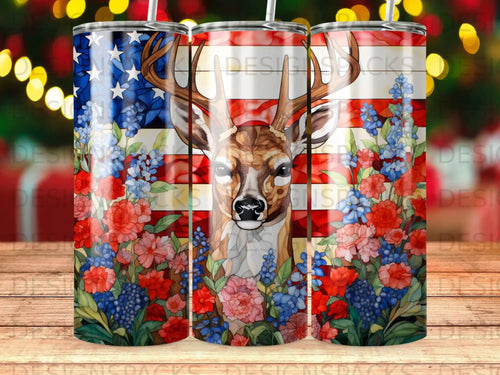 Deer with American flag and wildflowers on a tumbler.