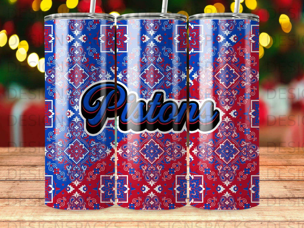 Tumbler with red, white, and blue paisley pattern and "Piston" text.