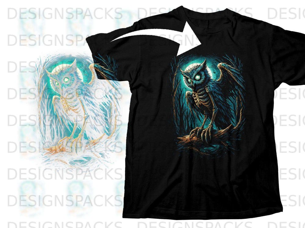 Black t-shirt with a skeletal owl perched on a branch against a dark forest background.