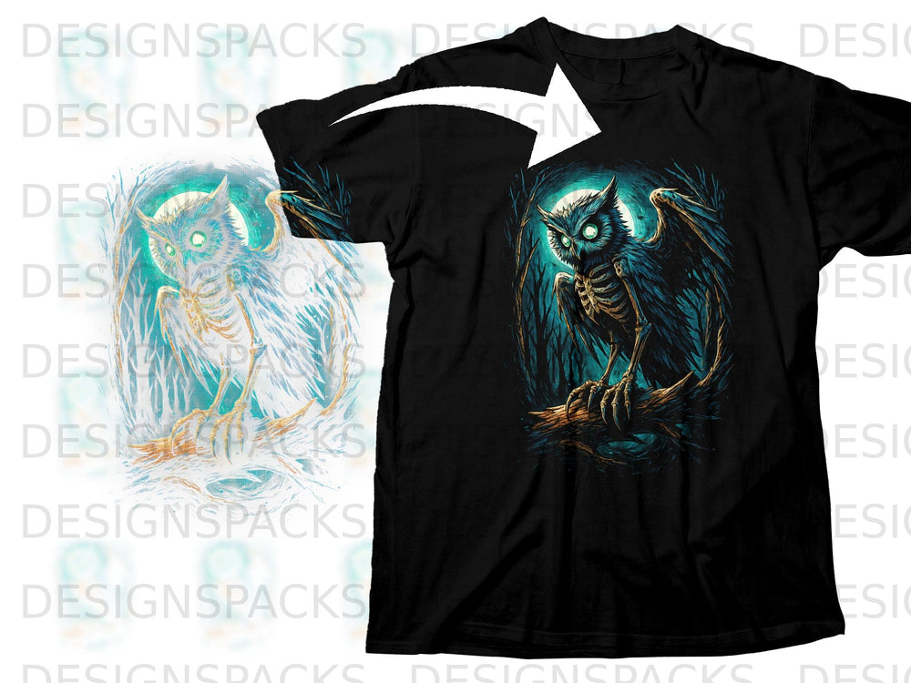 Black t-shirt with a skeletal owl perched on a branch against a dark forest background.