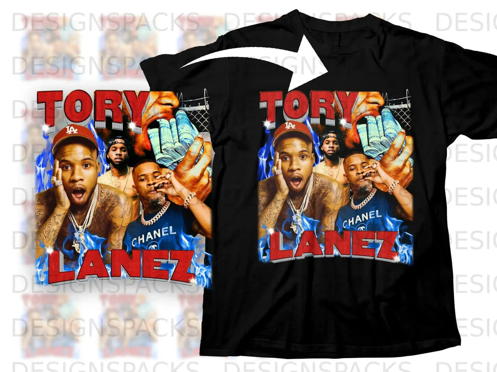 Tory Lanez t-shirt with money and chains, featuring "Tory Lanez" text.