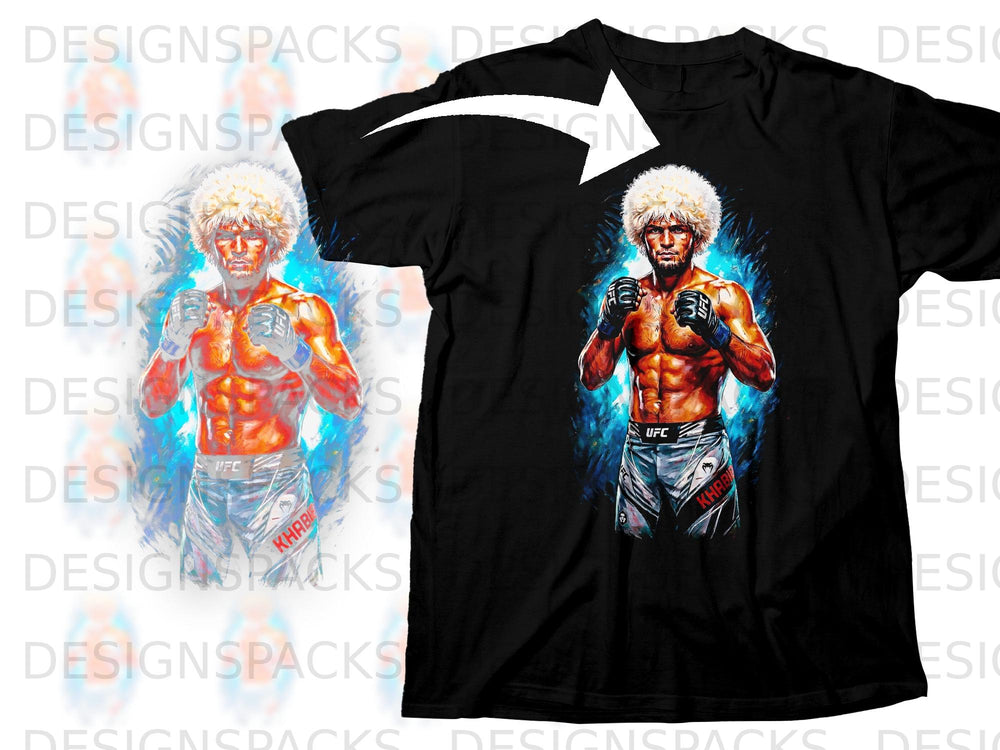 Black t-shirt with a graphic of Khabib Nurmagomedov in fight stance.