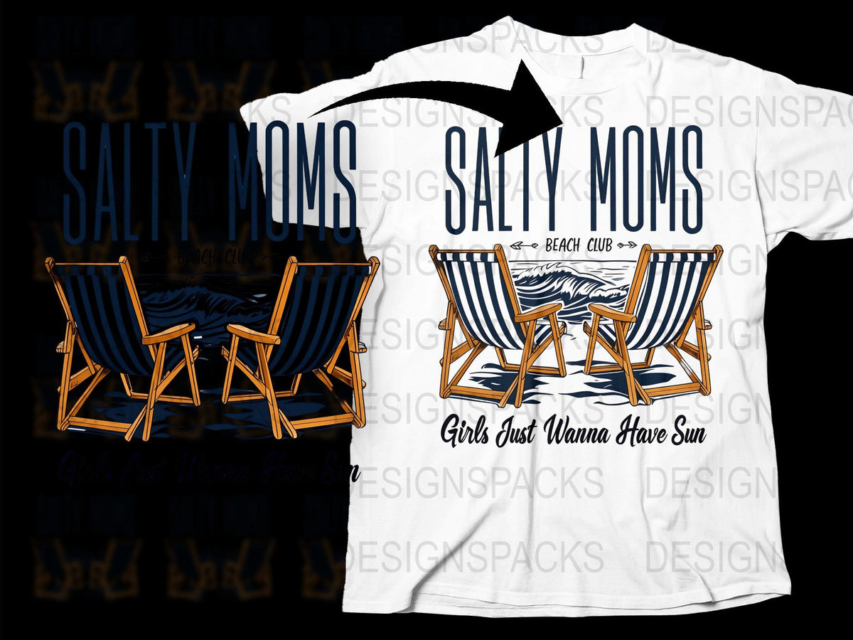 Salty Moms Beach Club T-Shirt, Girls Just Wanna Have Sun Graphic Tee, Summer Casual Fashion Top for Women