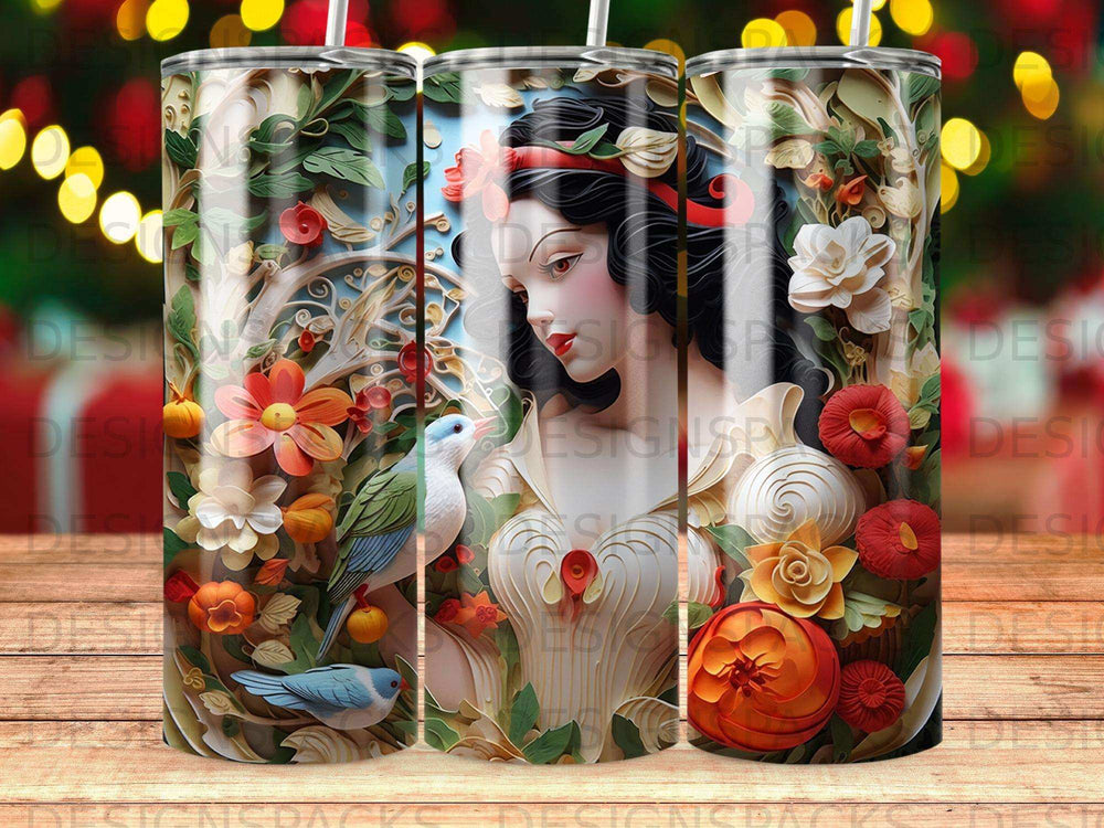 Snow White with birds and flowers on a tumbler.