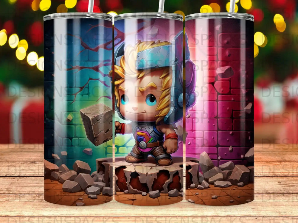 Cartoon Thor character with hammer, standing on cracked stone platform.