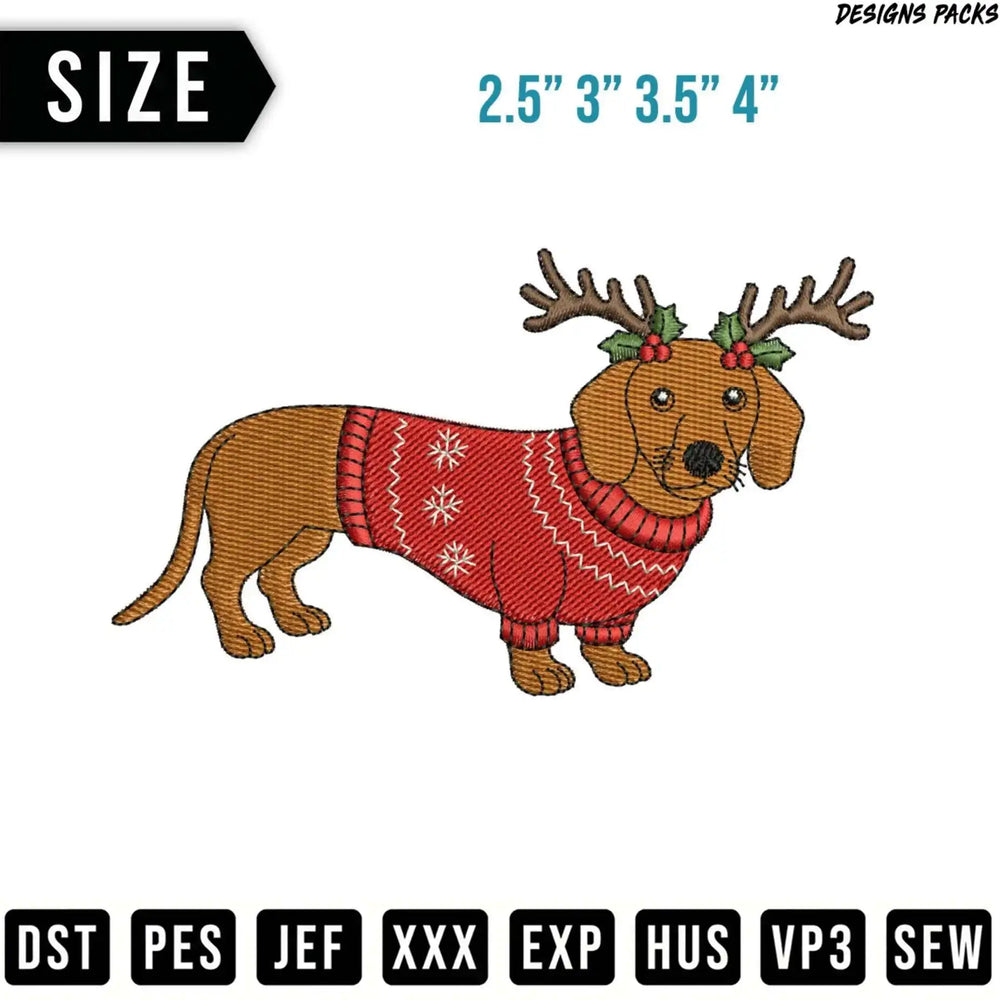 Dachshund wearing a red sweater with snowflakes and antlers.