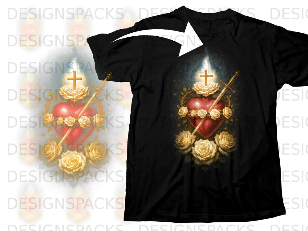 Black t-shirt featuring a sacred heart design with roses, a sword, and a cross.