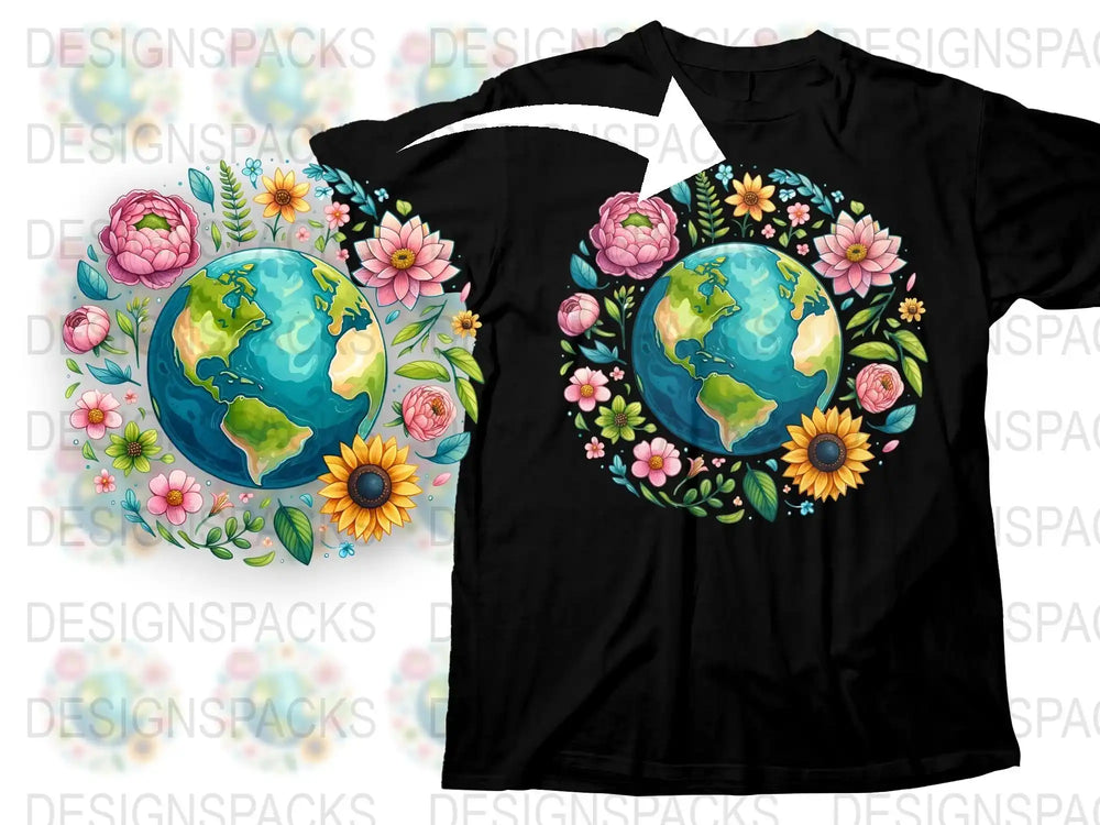 Floral Earth Graphic T-Shirt, Colorful Flowers and Globe Print, Eco-Friendly World Design, Nature Lover Tee, Unisex Black Shirt