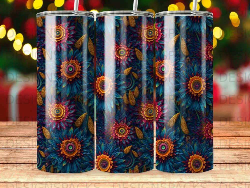 Dark blue tumbler with repeating pattern of colorful floral designs.