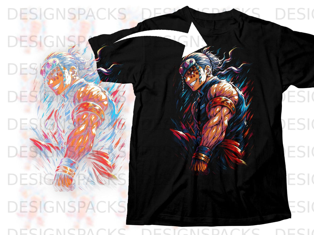 Black t-shirt with a muscular anime character in colorful, abstract art style.