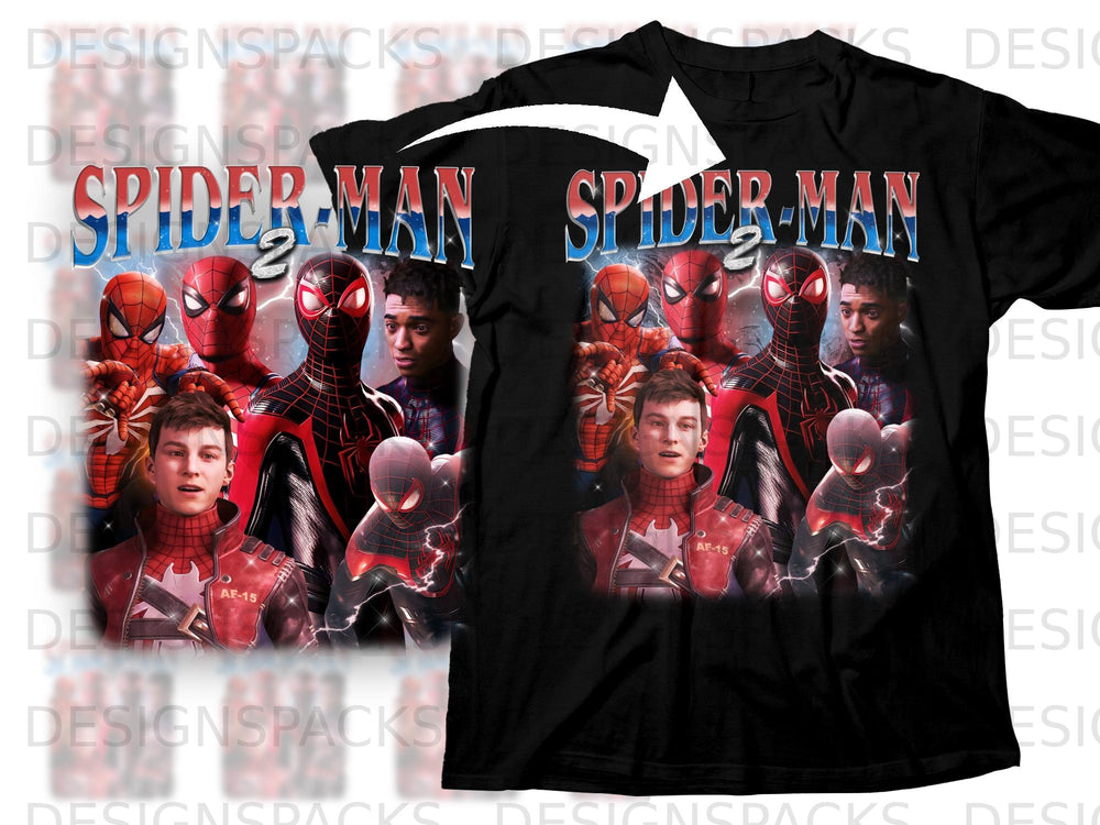 Spider-Man 2 t-shirt featuring Spider-Man, Miles Morales, and Peter Parker.