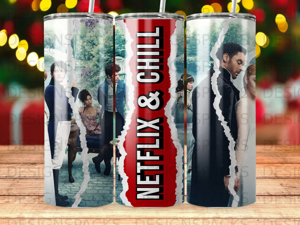 Netflix & Chill tumblers featuring characters from Bridgerton.