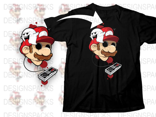 Retro Gamer T-Shirt Mario and Ghost Inspired Graphic Tee, Vintage Gaming Console Design, Unisex Black Shirt