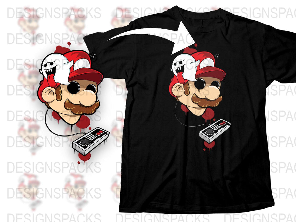 Retro Gamer T-Shirt Mario and Ghost Inspired Graphic Tee, Vintage Gaming Console Design, Unisex Black Shirt