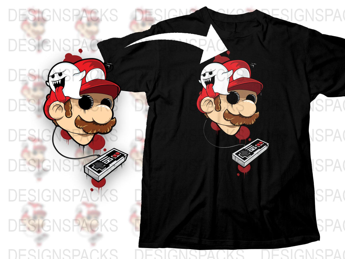 Retro Gamer T-Shirt Mario and Ghost Inspired Graphic Tee, Vintage Gaming Console Design, Unisex Black Shirt
