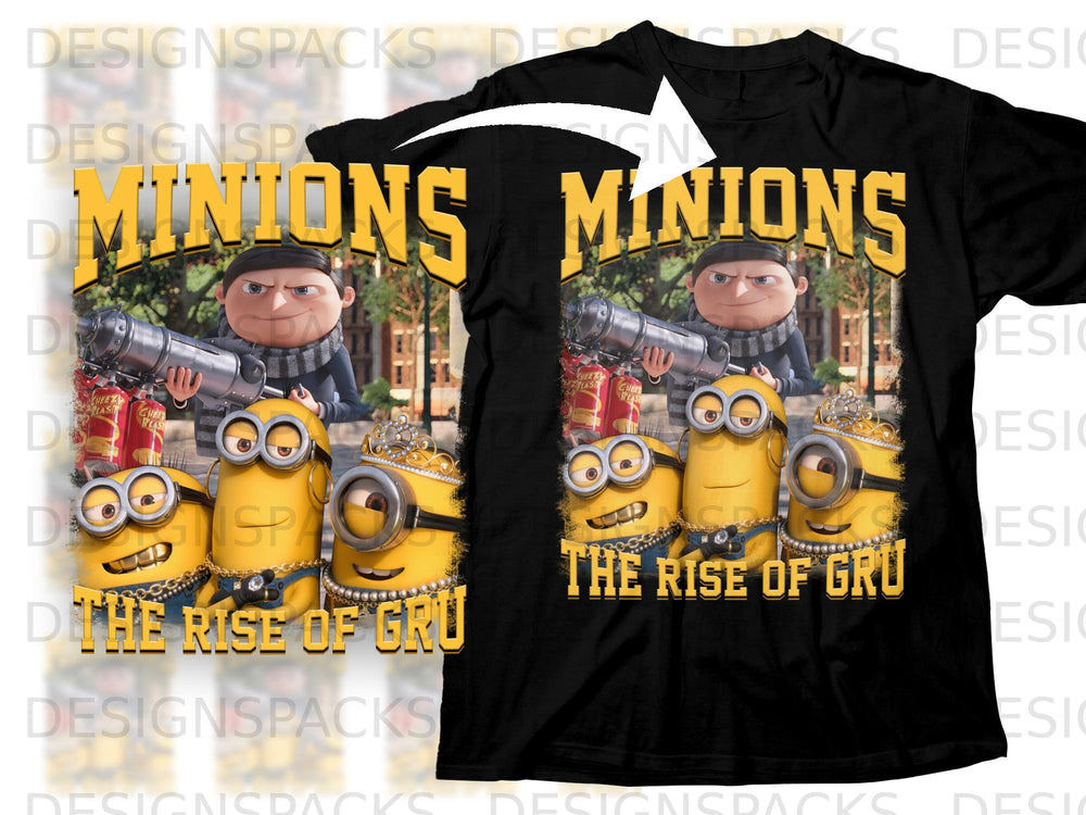 Black t-shirt with Minions characters and text "Minions The Rise of Gru".