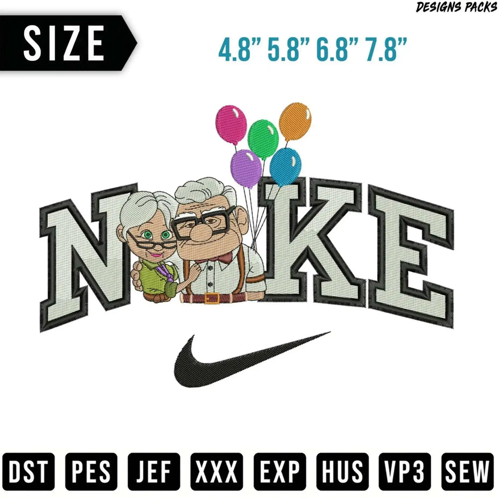 Nike logo with elderly couple and balloons, embroidery file formats listed.