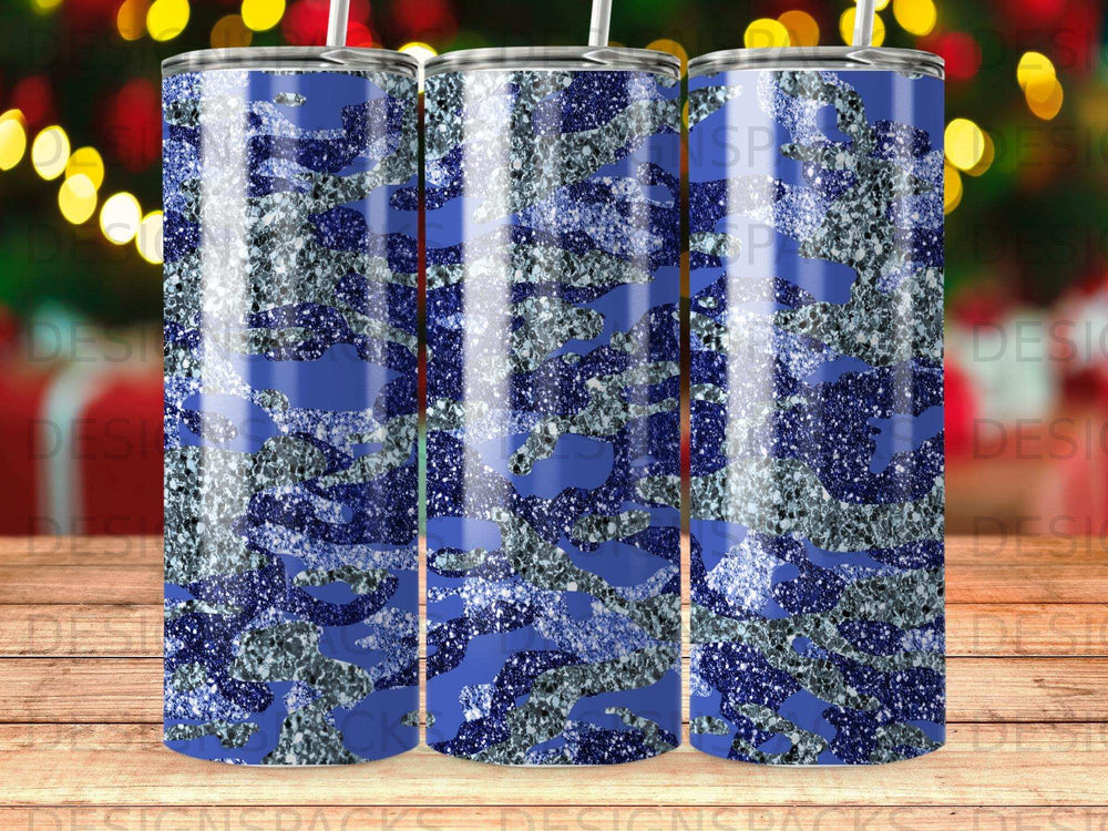 Blue camouflage tumbler with glitter accents.