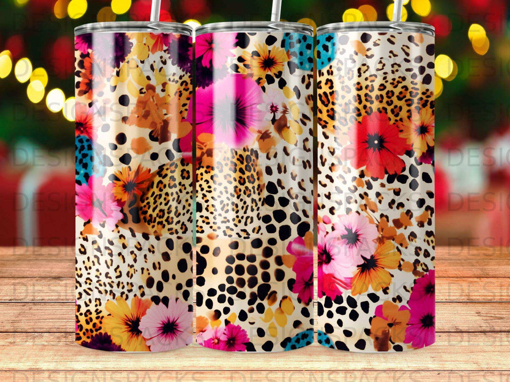 Tumbler with leopard print and colorful floral pattern.