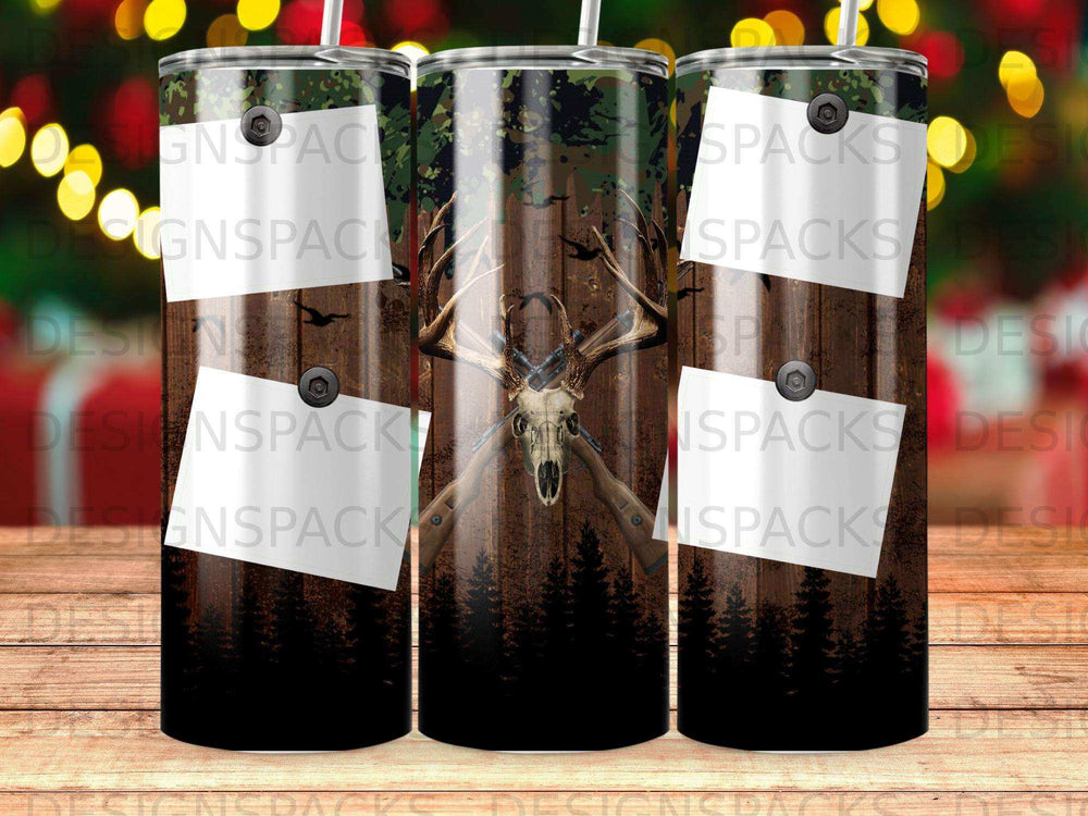 Camouflage pattern tumbler with deer skull and crossed rifles.