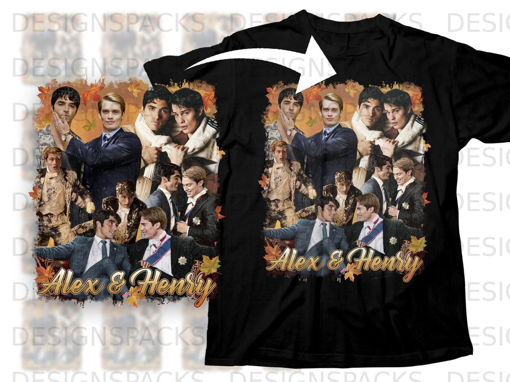 Black t-shirt featuring a collage of men and autumn leaves with "Alex & Henry" text.