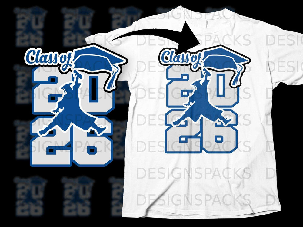 Blue "Class of 2026" graphic with a graduation cap and a leaping figure.