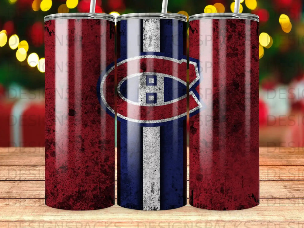 Three tumblers with the Montreal Canadiens logo and distressed red background.