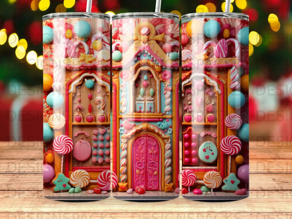 Gingerbread house with candy decorations and colorful swirls on a tumbler wrap.