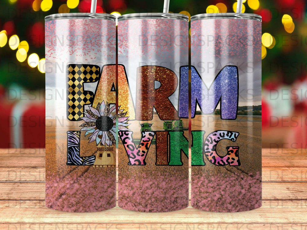 Farm Living tumbler with sunflower and country landscape graphic.