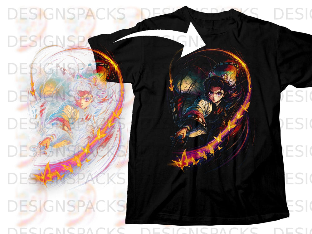 Black t-shirt featuring anime character with butterfly wings and fiery effects.