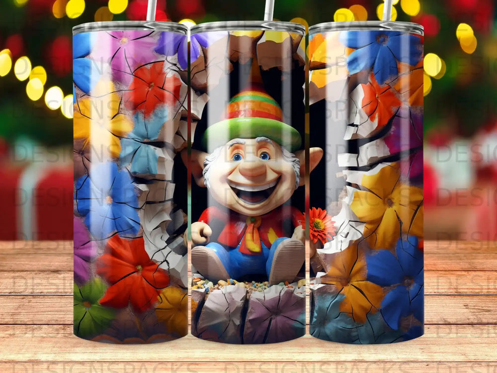 Cartoon leprechaun with colorful flowers and cracked stone background.