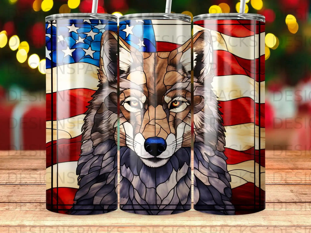 Wolf portrait with American flag background on a tumbler.