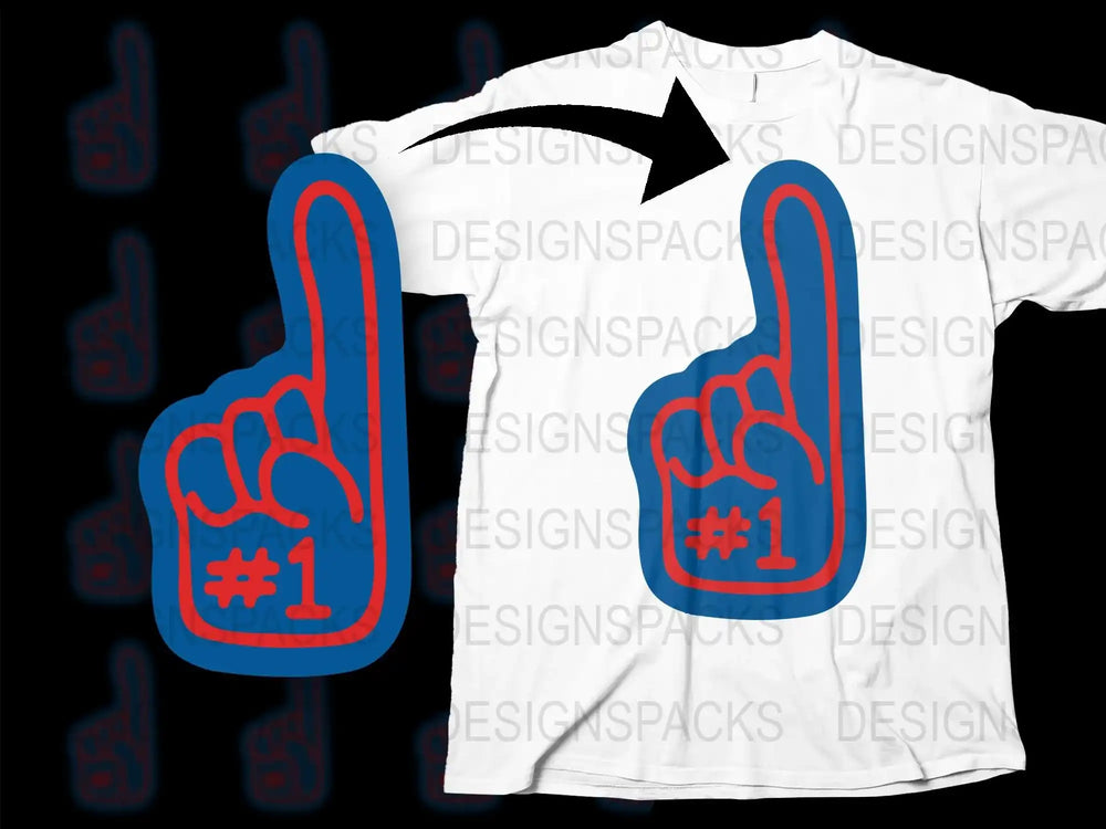 Number One Fan Foam Finger Graphic T-Shirt, Unisex Sports Event Tee, Casual White Shirt with Blue Print