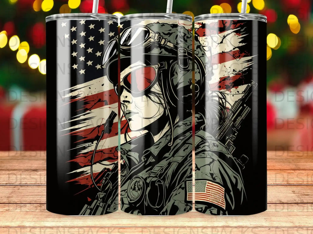 Woman in military gear with American flag background.