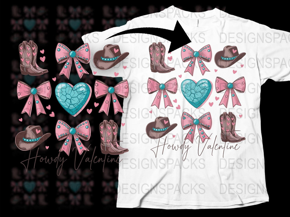 Cowboy Valentine T-Shirt, Western Love Graphic Tee, Pink and Teal Hearts, Kids and Adults Sizes Available