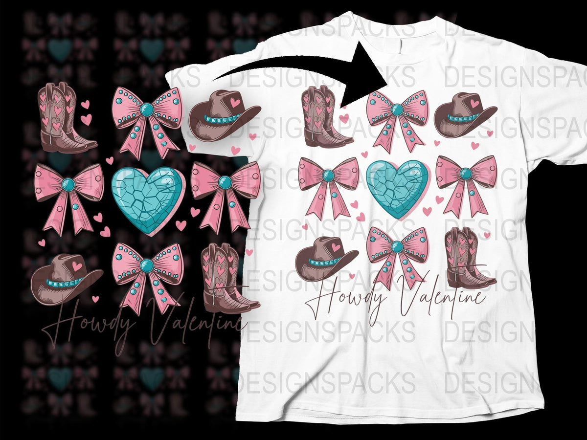 Cowboy Valentine T-Shirt, Western Love Graphic Tee, Pink and Teal Hearts, Kids and Adults Sizes Available