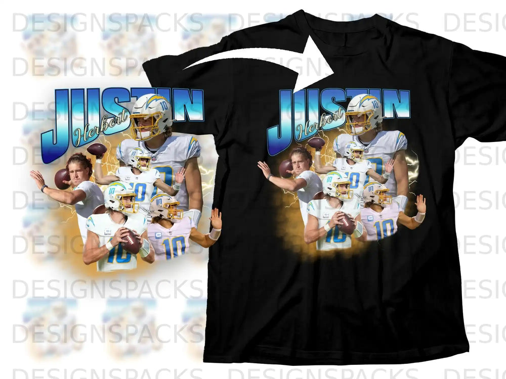 Los Angeles Chargers Justin Herbert t-shirt with player graphics and text.