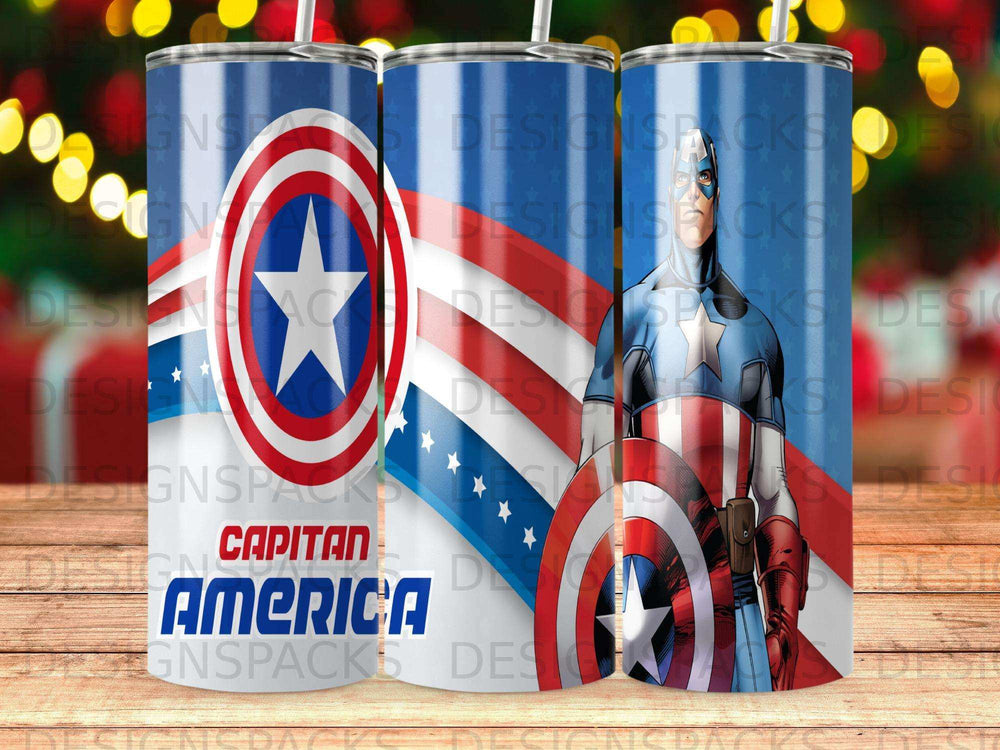 Captain America shield and stars design on a blue and white tumbler.