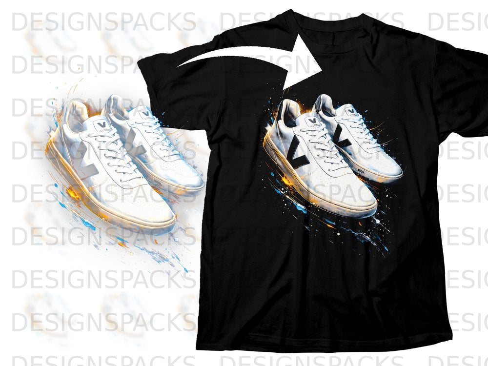 Black t-shirt featuring a graphic of white sneakers with colorful paint splatters.