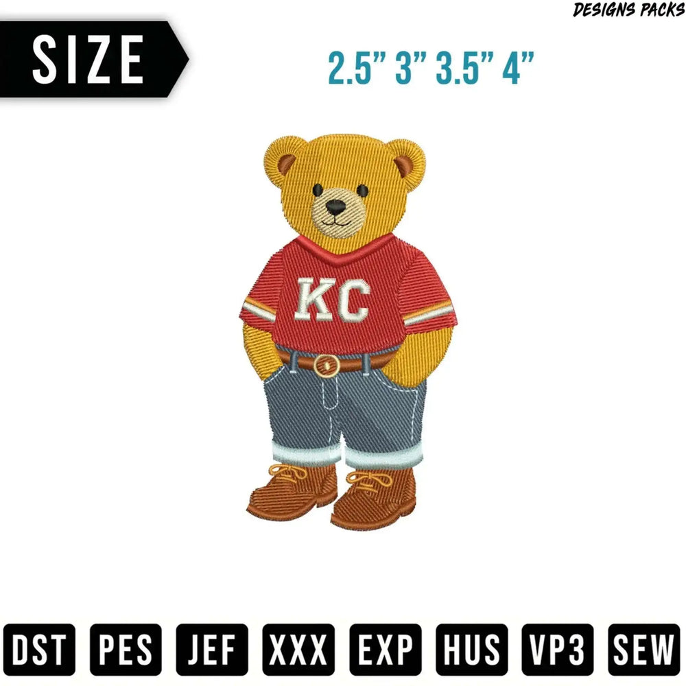 Embroidered teddy bear wearing a KC shirt and jeans, sizes shown.