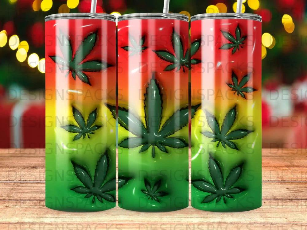Three tumblers with cannabis leaf pattern and red, green, and yellow gradient.