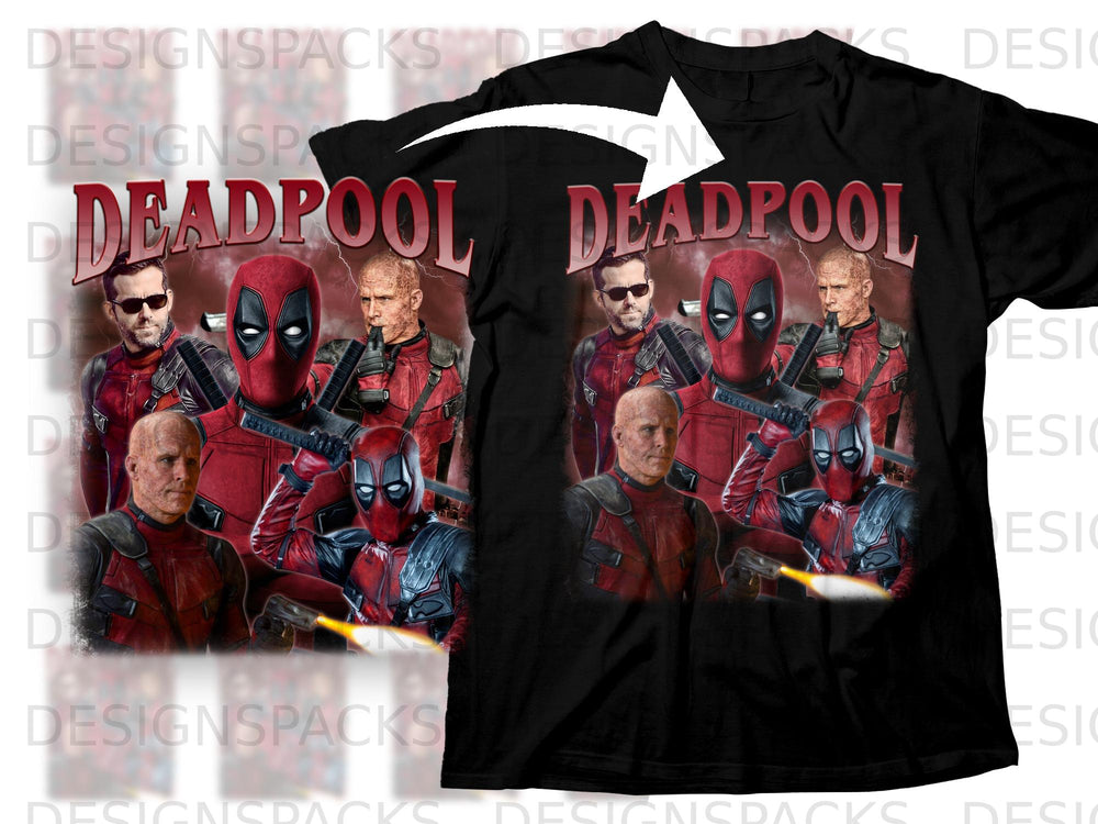 Deadpool characters in red suits with "DEADPOOL" text and lightning background.