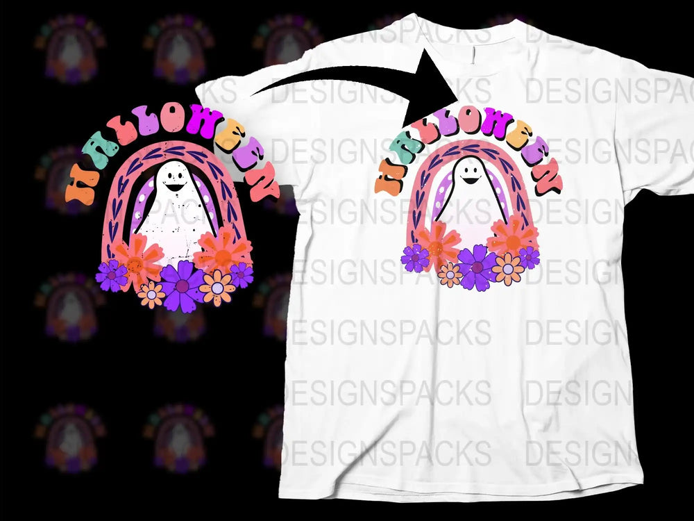 Halloween Ghost T-Shirt, Cute Spooky Floral Design, Unisex White Tee, Trendy October Apparel