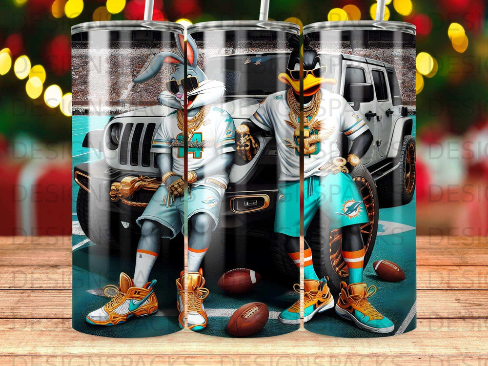 Bugs Bunny and Daffy Duck with a Jeep, footballs, and Miami Dolphins logos.