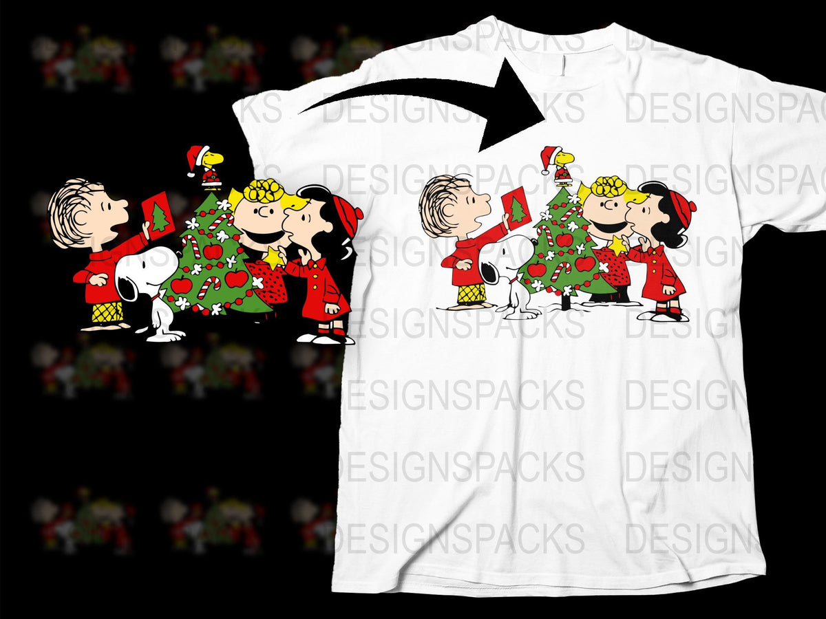 Festive Holiday T-Shirt Peanuts Cartoon Characters Christmas Theme Kids Adult Sizes
