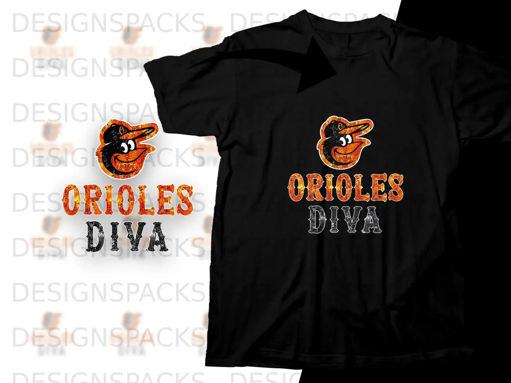 Black t-shirt with "Orioles Diva" text and bird graphic.