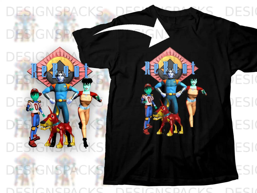 ReBoot characters with dog on black t-shirt.