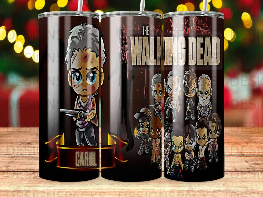 Chibi characters from The Walking Dead with title, including Carol holding a gun.